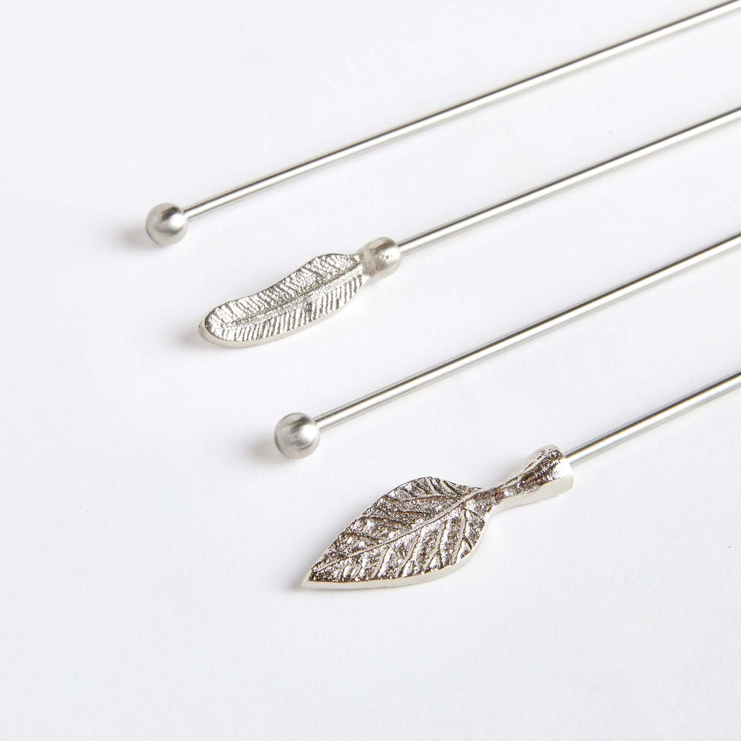 Close-up of Silver Leaf Stainless Steel Swizzle Stick Set