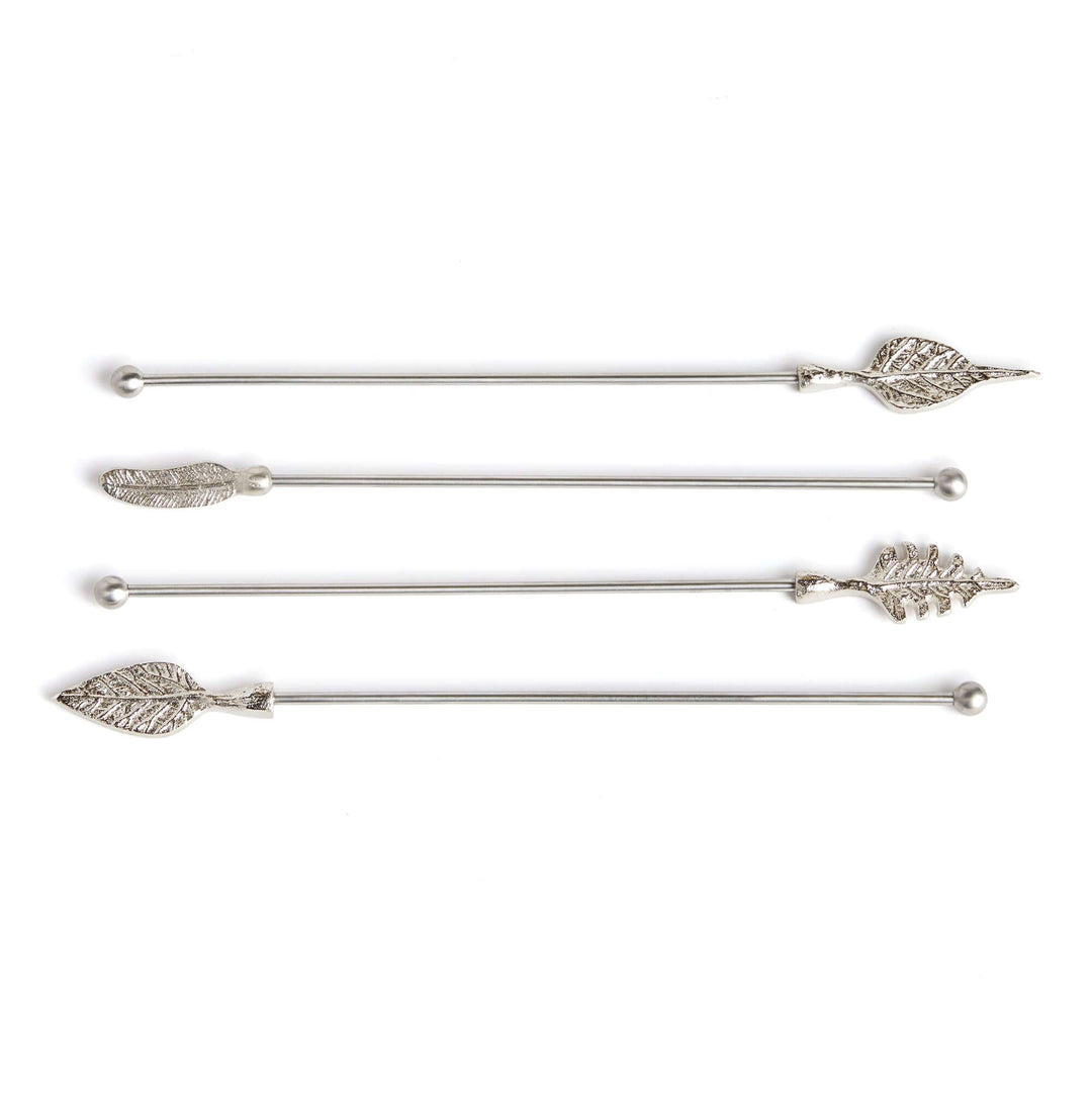 Silver Leaf Stainless Steel Swizzle Stick Set against white background
