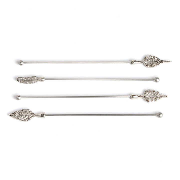 Silver Leaf Stainless Steel Swizzle Stick Set against white background