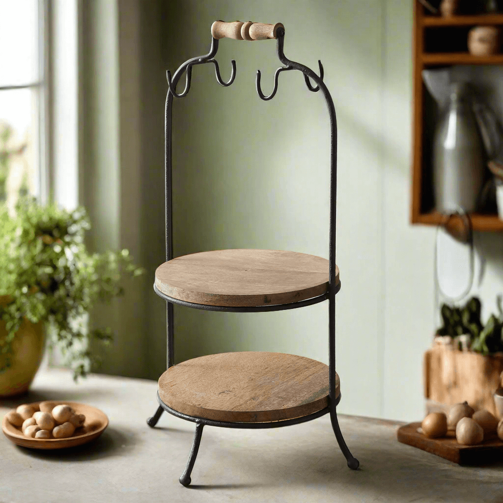 Two-Tier Wooden Serving Stand with Hooks Farmhouse Decor