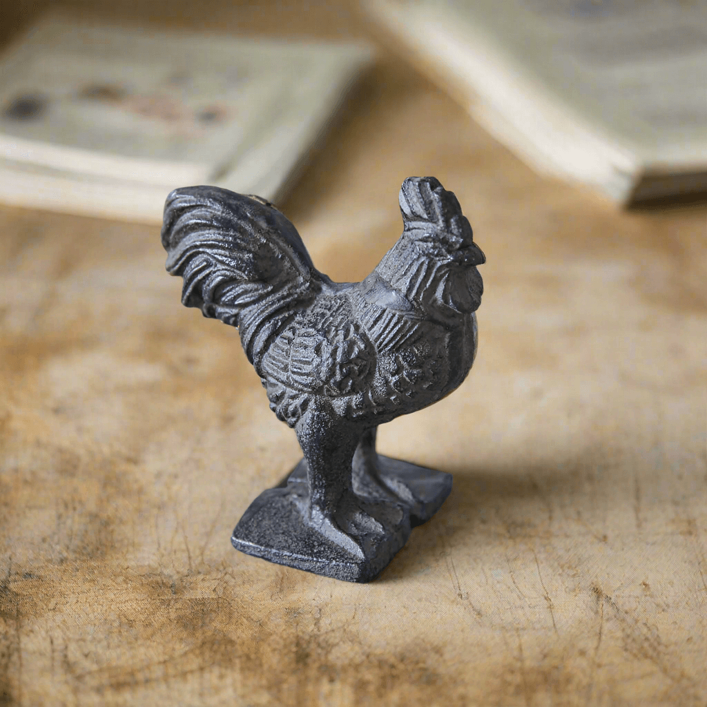 Vintage cast iron rooster paperweight on rustic surface, perfect for farmhouse decor.