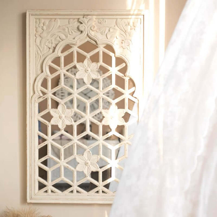 Vintage Floral Lattice Wall Mirror with intricate floral design and distressed white finish, adding elegance to any space.