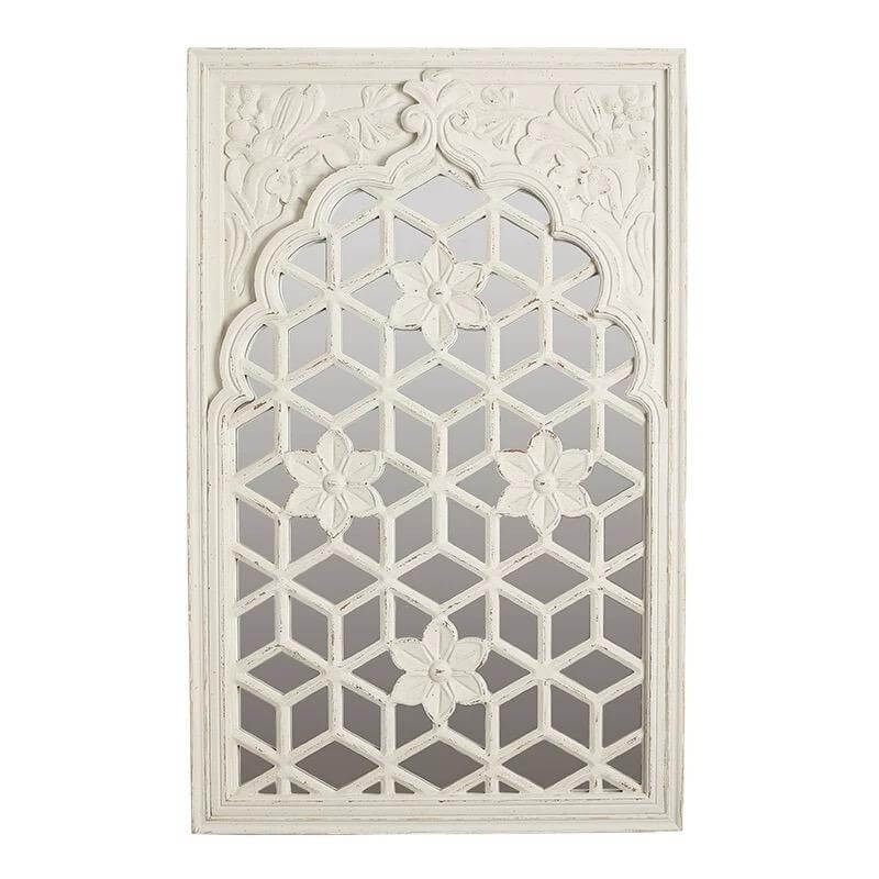Vintage Floral Lattice Wall Mirror with intricate floral design and distressed white finish, combining rustic elegance and charm.