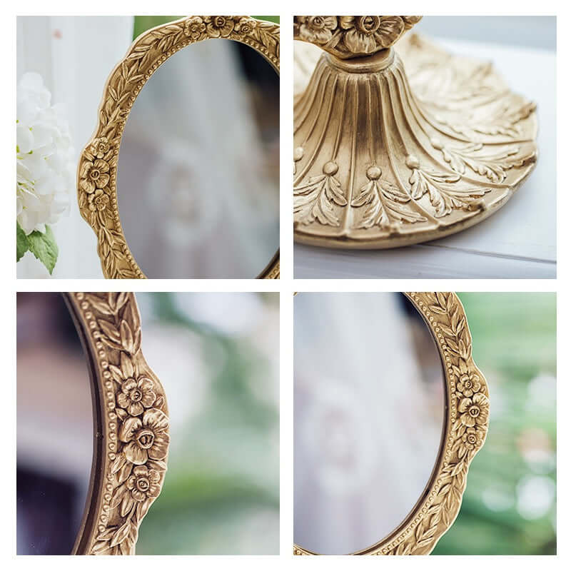 Close-up views of the Vintage Gold Vanity Mirror showcasing its ornate floral design and elegant oval shape.