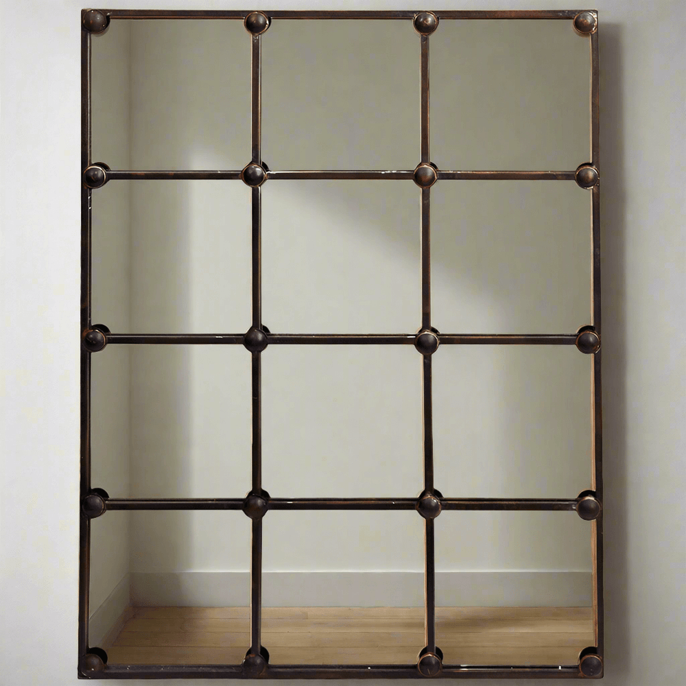 Vintage Industrial Grid Wall Mirror with rustic metal frame and windowpane design, perfect for various home decor styles.