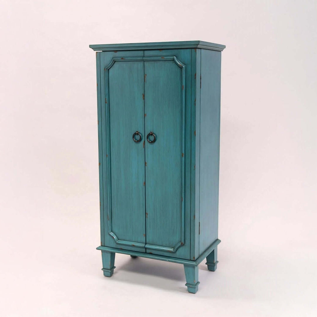 Vintage Turquoise Jewelry Armoire with hand-painted finish and antique-inspired hardware.