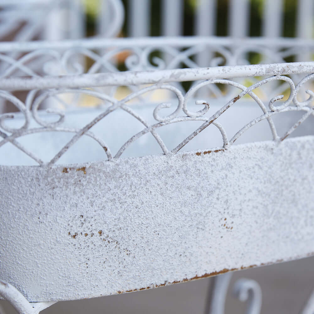 Close-up of vintage white metal planter showcasing intricate scrolled designs and rustic finish.