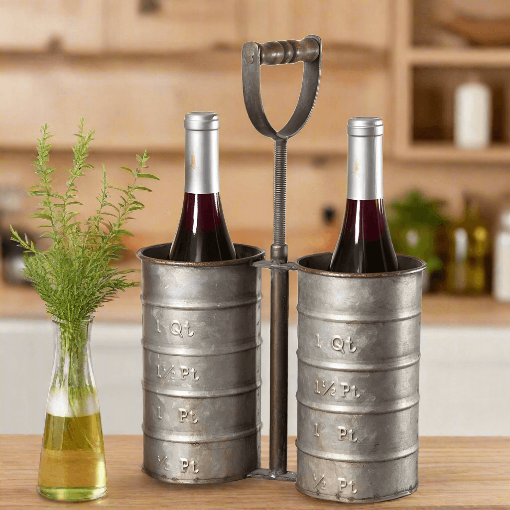 Vintage galvanized metal wine bottle holder with two compartments and embossed measurements, enhancing rustic home decor.