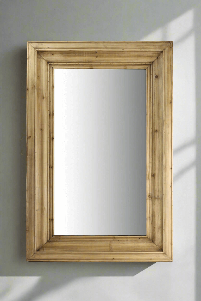 Wall mirror with molded pine frame, large rectangular design, perfect for vintage-inspired interiors.