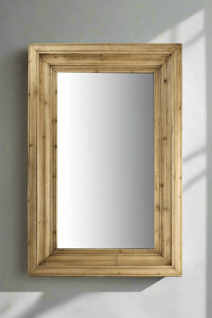 Wall mirror with molded pine frame, large rectangular design, perfect for vintage-inspired interiors.
