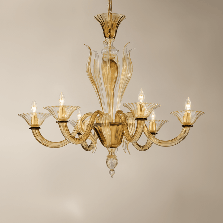 Handcrafted Italian Murano Glass Chandelier in Amber