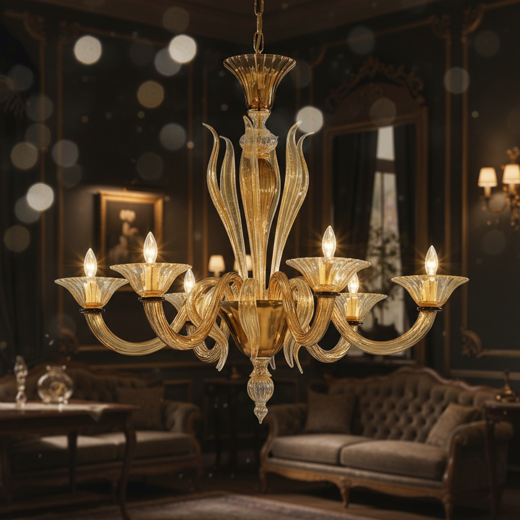 Handcrafted Italian Murano Glass Chandelier in Amber
