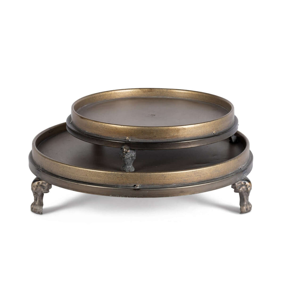 Antique Brass Footed Display Trays (Set of 2) with elegant heirloom design and burnished finish, perfect for vintage decor.
