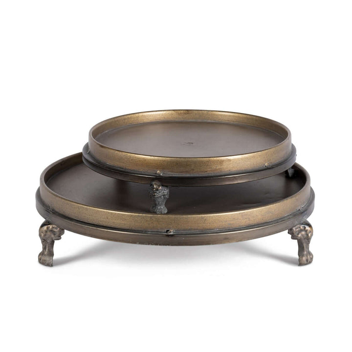 Antique Brass Footed Display Trays (Set of 2) with elegant heirloom design and burnished finish, perfect for vintage decor.