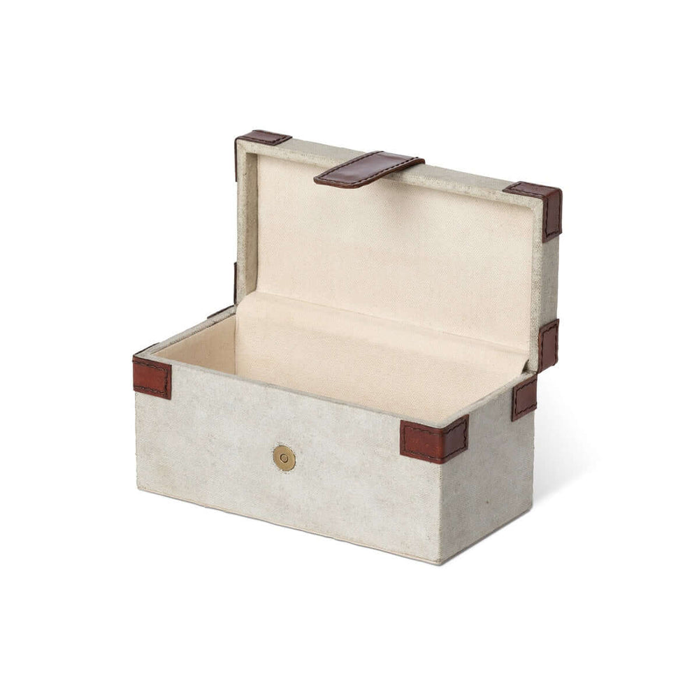 Antique Canvas Keepsake Box with Leather Accents open with visible interior and elegant design.