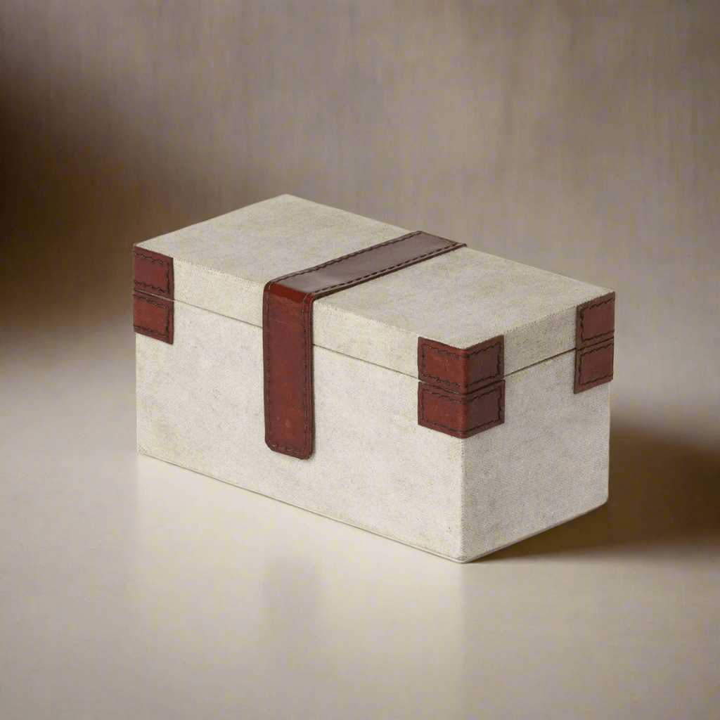 Antique Canvas Keepsake Box with Leather Accents displaying timeless elegance and handcrafted design.