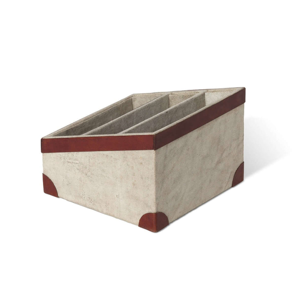 Antique Canvas Letter Holder with Leather Trim featuring recycled tent canvas and leather accents for vintage organization.