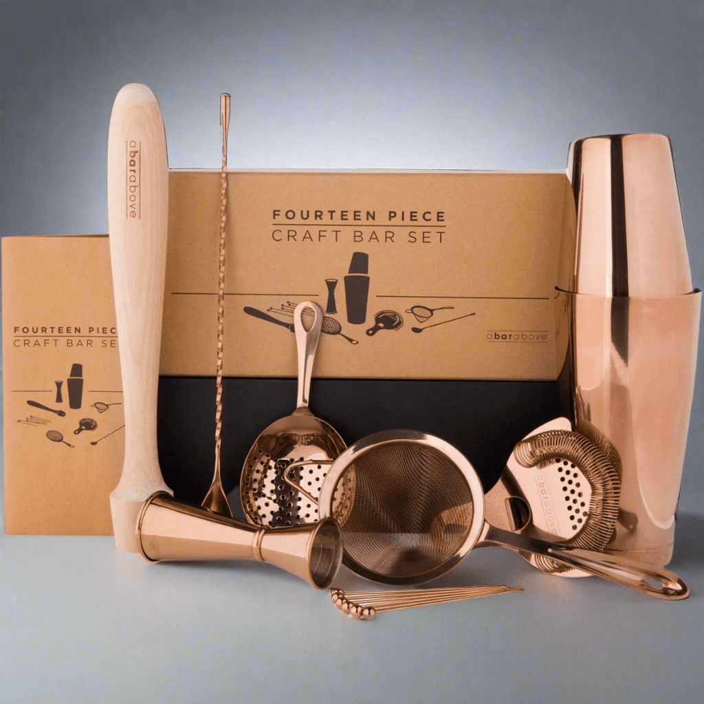 Antique Copper Mixologist Bartender Set (14-Piece) including shaker, muddler, and strainer with vintage-inspired design.