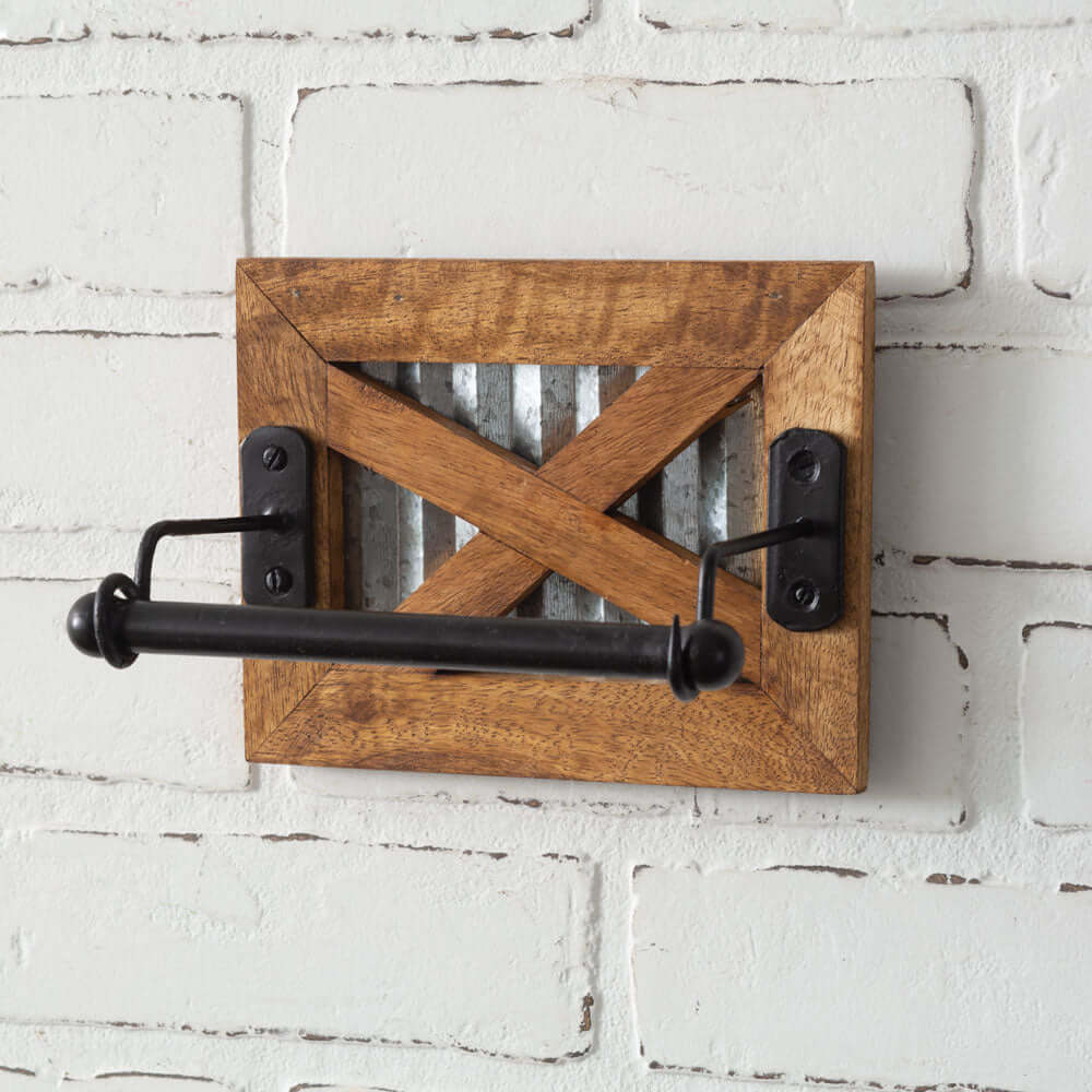 Antique farmhouse toilet paper holder with rustic wood, metal accents, and a classic barn-style "X" design.