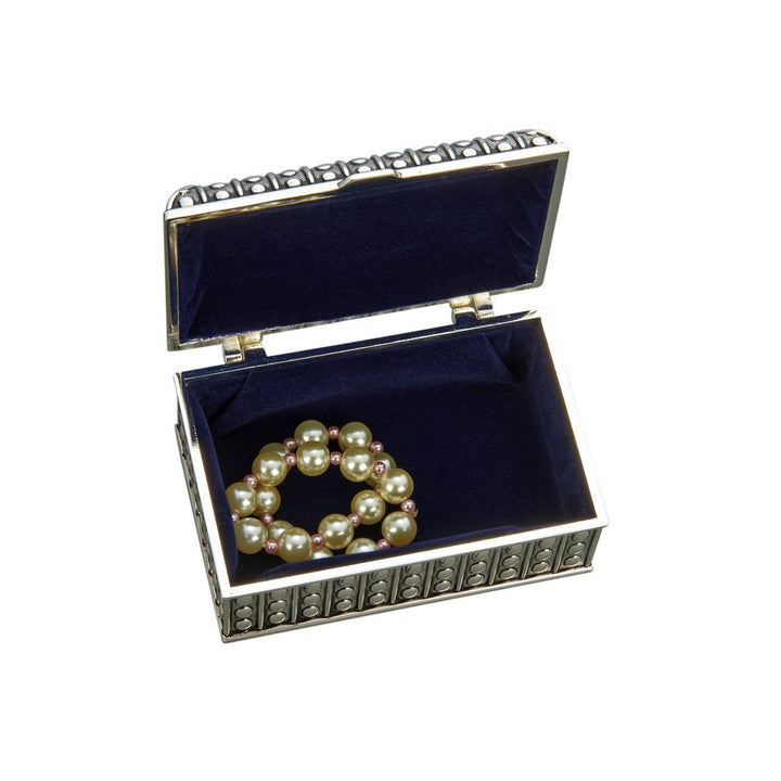 Antique-Style Silver Jewelry Box open with beaded detailing and a pearl bracelet inside, showcasing vintage charm and elegance.