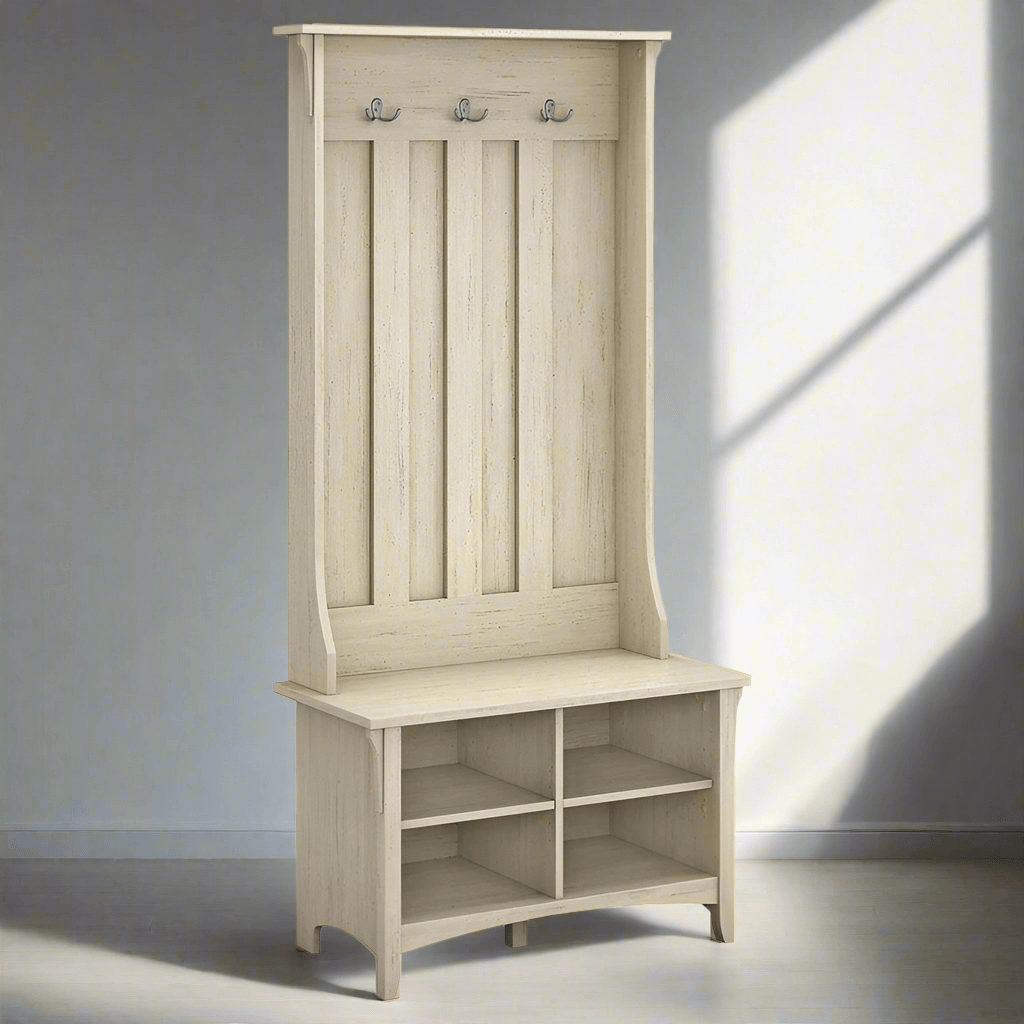 Antique White Entryway Hall Tree with Storage Bench featuring hooks and shelves in a rustic farmhouse style