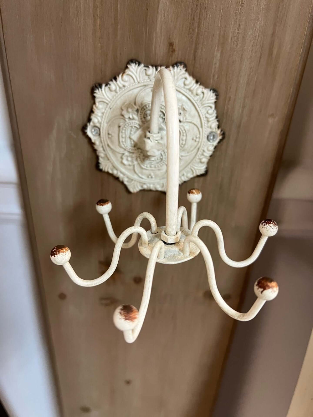 Antique white wall hook with ornate medallion backplate on wooden wall, perfect for vintage decor.