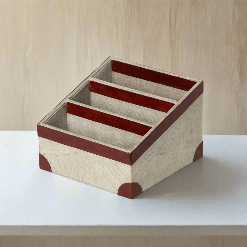 Antique Canvas Letter Holder with Leather Trim for elegant desk organization, crafted from recycled canvas and genuine leather accents.