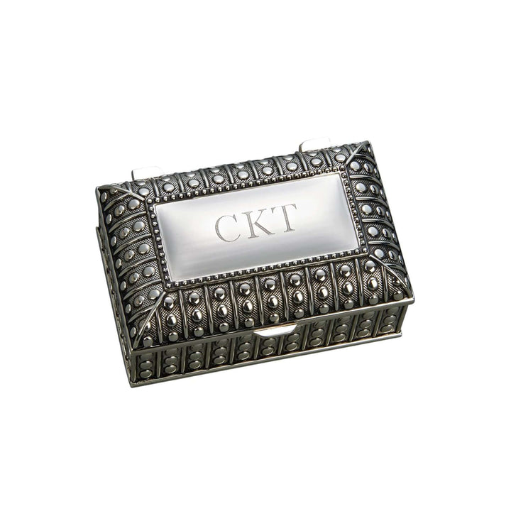 Intricately designed Antique-Style Silver Jewelry Box with ornate beaded detailing on the lid