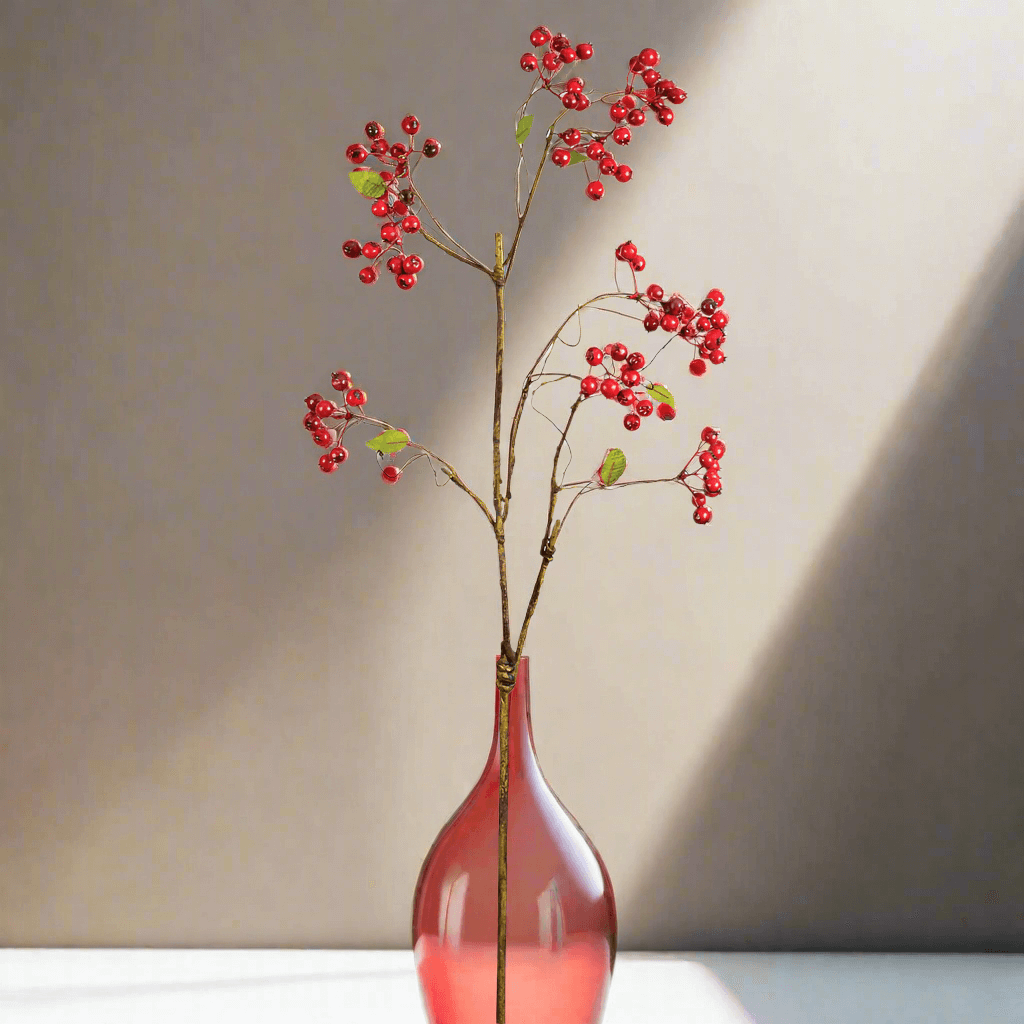 Artificial red berry spray in a pink vase, perfect for farmhouse and cottagecore décor.