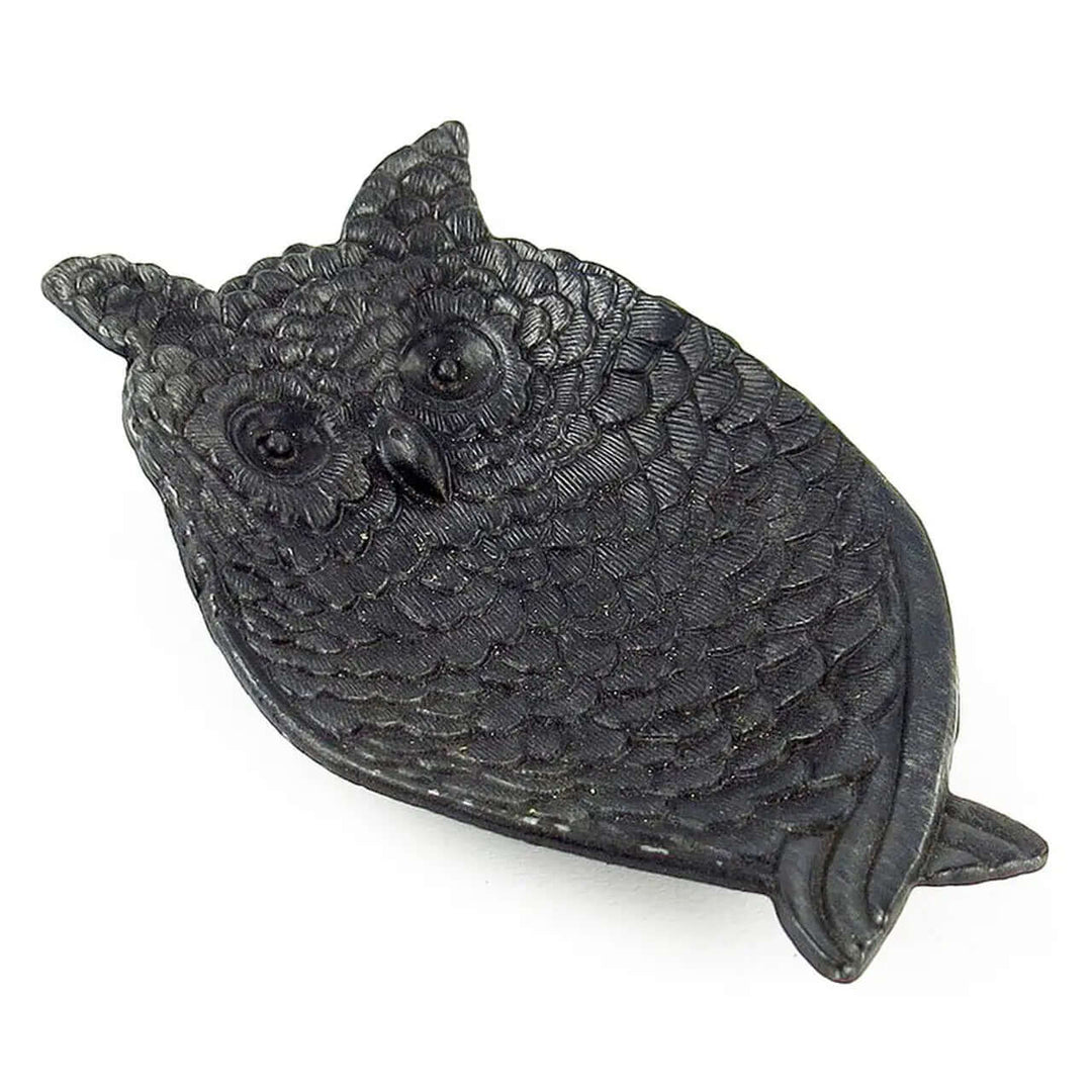Black Pewter Owl Trinket Tray with detailed feathers and matte black finish, offering vintage charm and timeless craftsmanship.