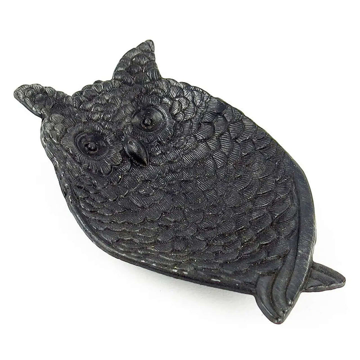 Black Pewter Owl Trinket Tray with detailed feathers and matte black finish, offering vintage charm and timeless craftsmanship.
