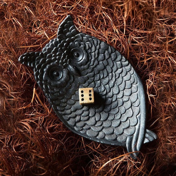 Black Pewter Owl Trinket Tray with detailed feathers and matte finish, perfect for holding small treasures in a nostalgic design.