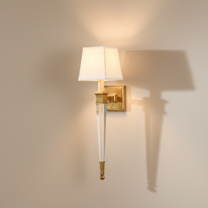 Antique Brass and Crystal Wall Light with Linen Shade