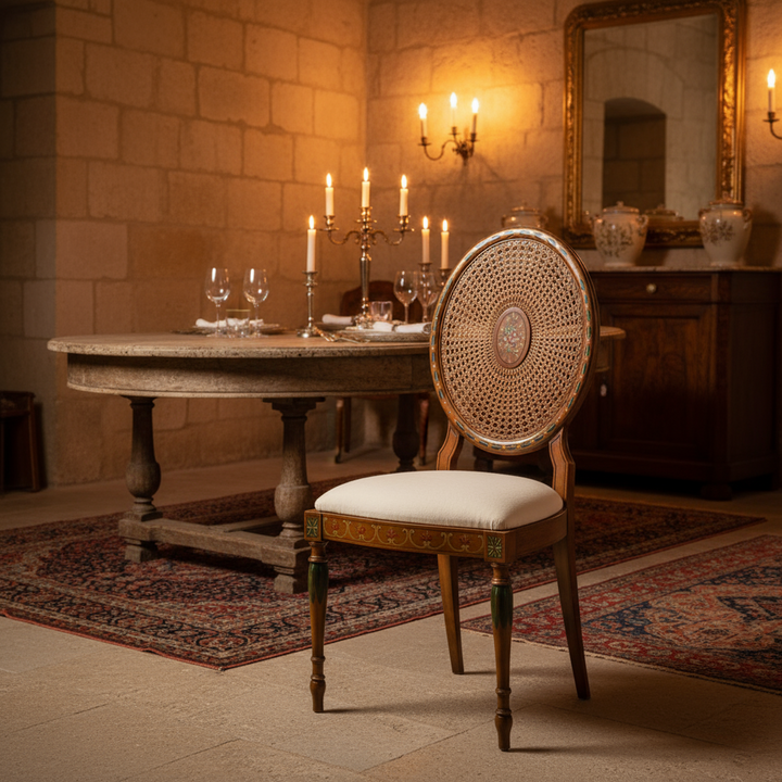 Vintage Italian Carved Wood Side Chair with Cane Back