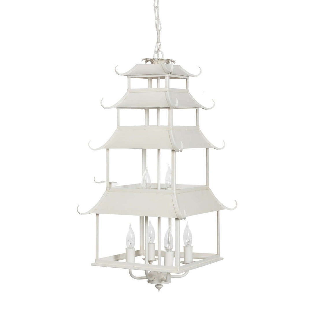 Chinoiserie Peace Pagoda Chandelier with cream finish and six-light design, inspired by Eastern architecture and chinoiserie decor.