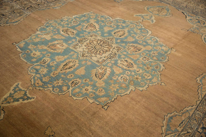 Antique Tea Washed Persian Kerman Carpet with Oversized Medallion