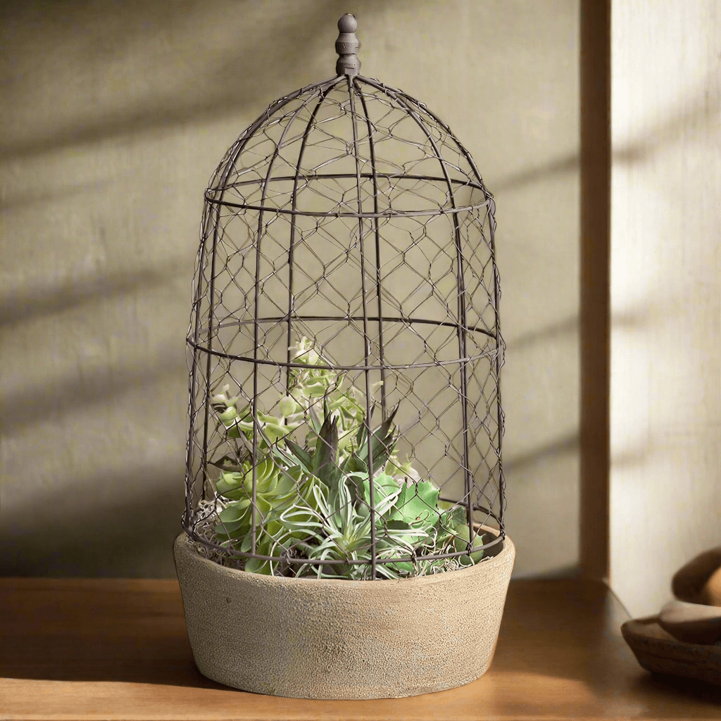 Farmhouse chicken wire cloche with terracotta pot and greenery, perfect for vintage-inspired table decor.