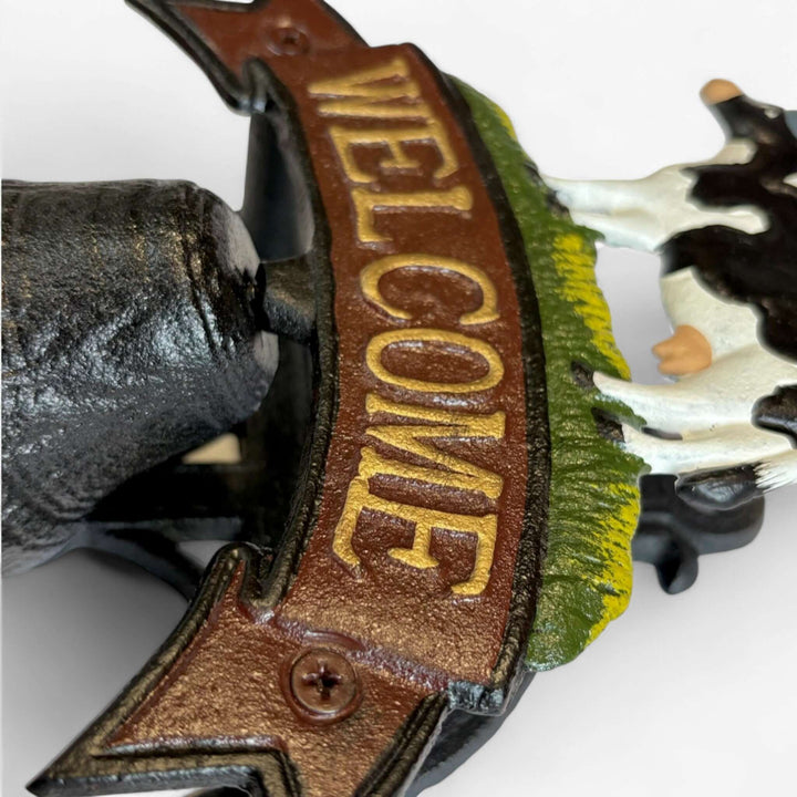 Farmhouse Cast Iron Cow Welcome Sign with Bell - rustic charm and hospitality