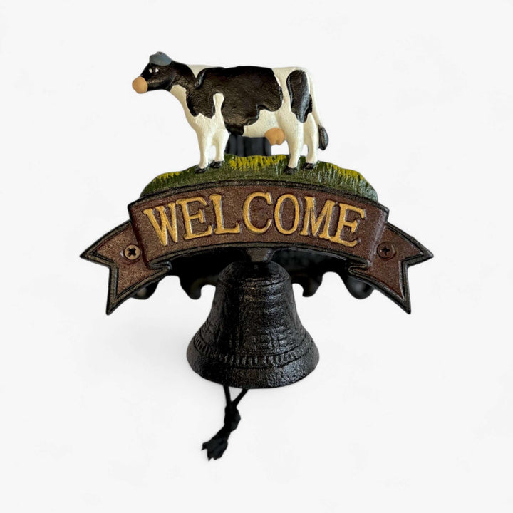Farmhouse Cast Iron Cow Welcome Sign with Bell featuring rustic design