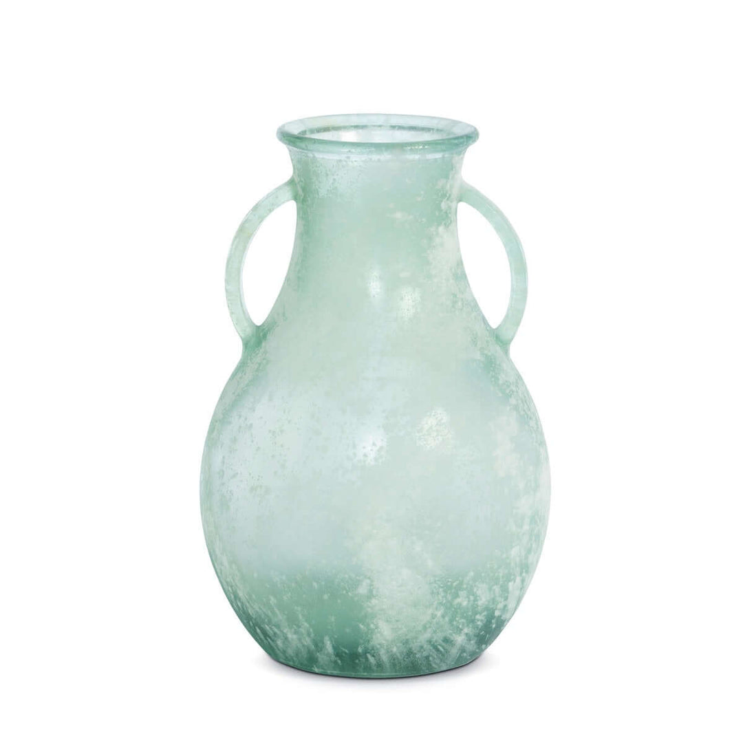 Frosted Seafoam Glass Vase with Handles featuring a translucent seafoam hue and twin handles reminiscent of ancient amphora vessels.