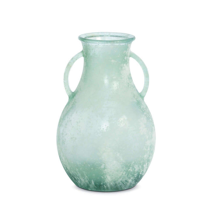 Frosted Seafoam Glass Vase with Handles featuring a translucent seafoam hue and twin handles reminiscent of ancient amphora vessels.