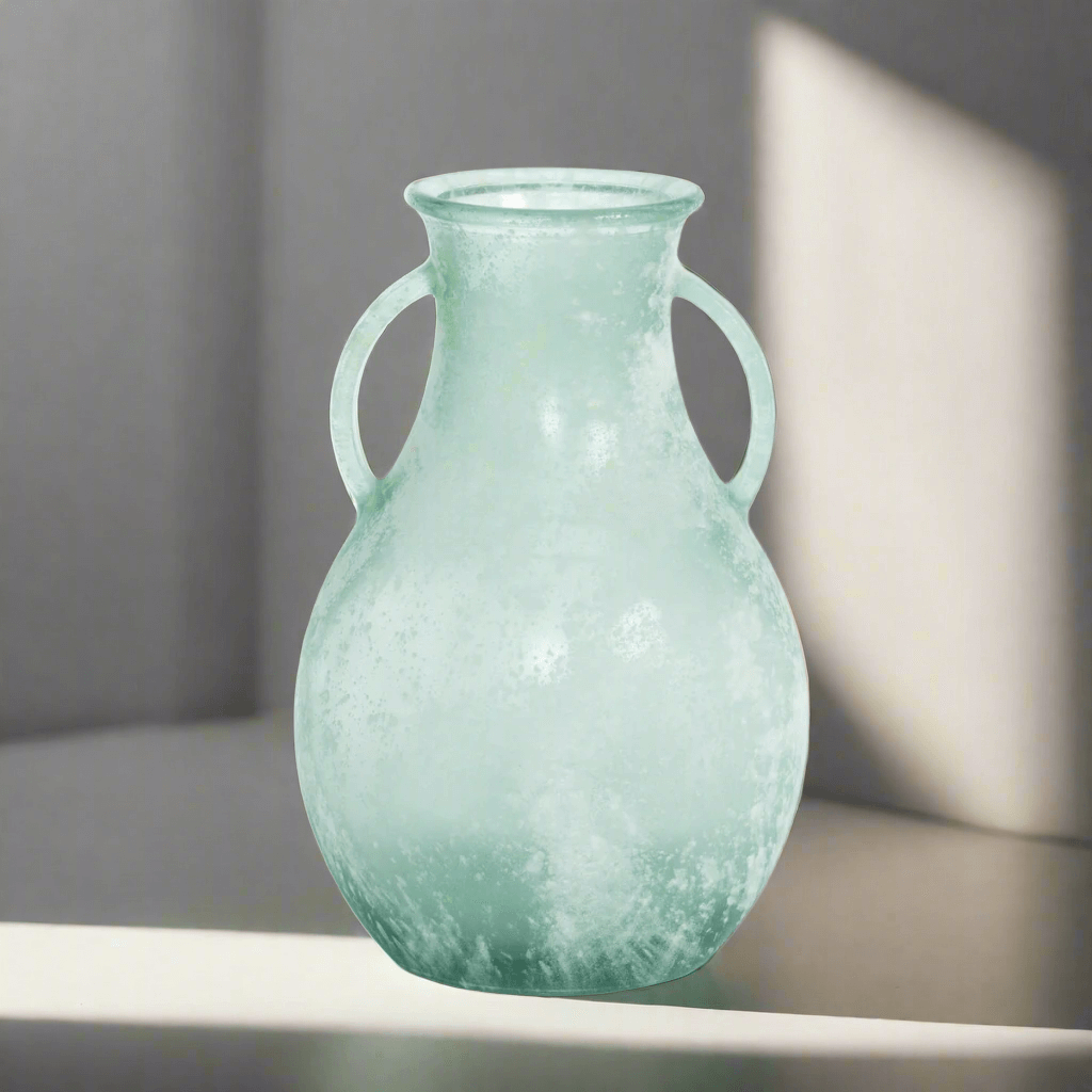 Frosted Seafoam Glass Vase with Handles showcasing a frosted finish and twin handles, reminiscent of coastal sea glass elegance.