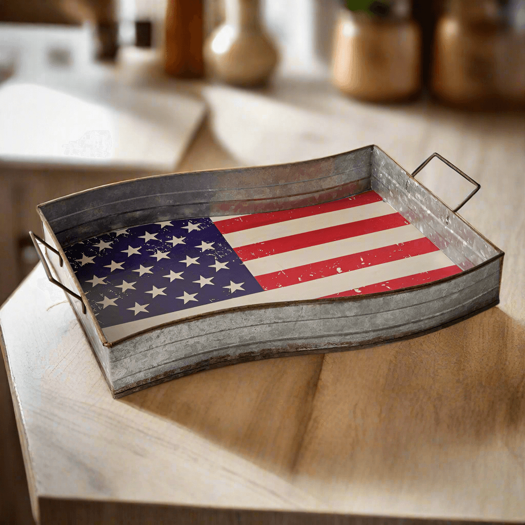 Galvanized American flag serving tray with rustic finish, ideal for patriotic events and everyday use.