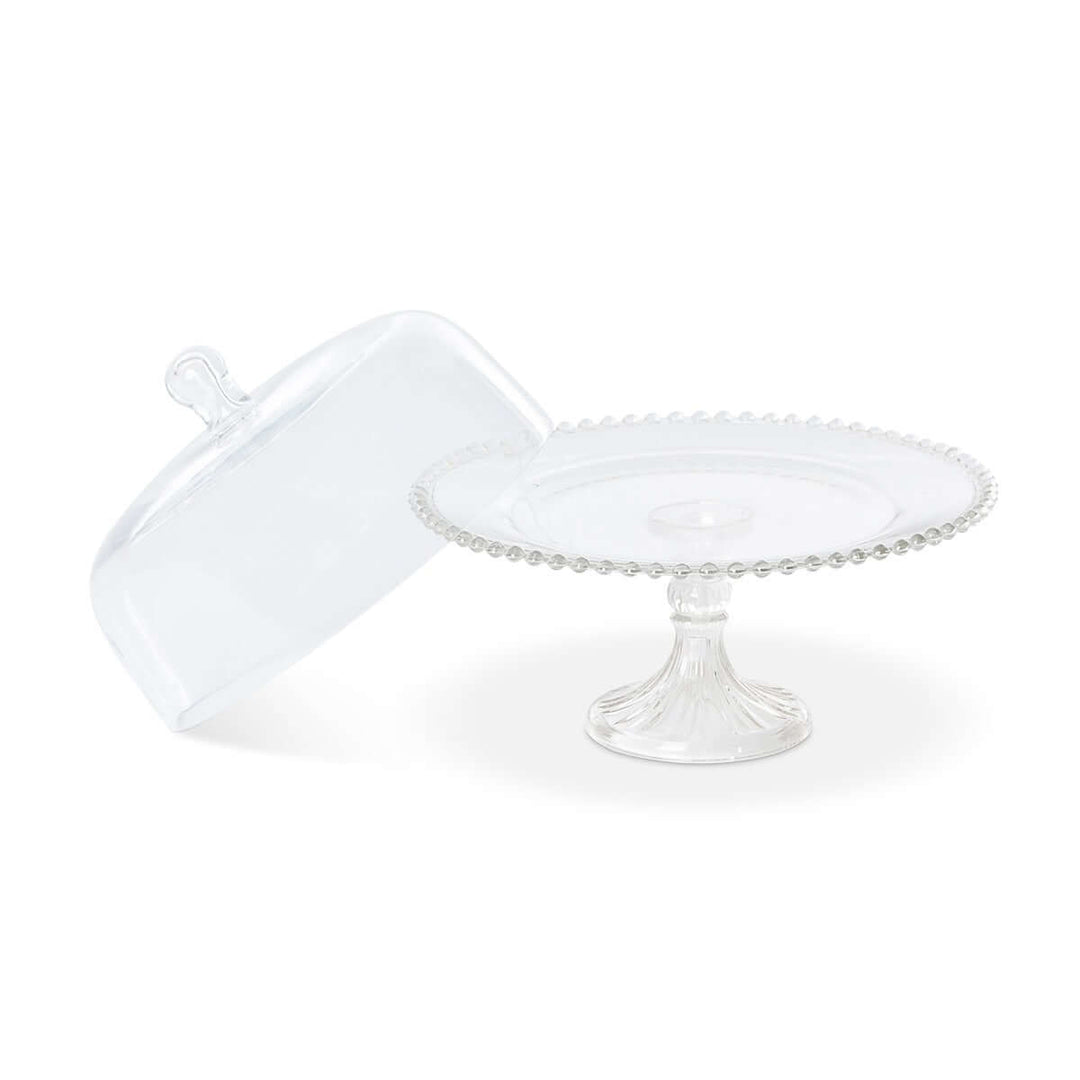 Glass Cake Stand with Dome and Beaded Edge Pedestal Plate showcasing elegance and charm for desserts.