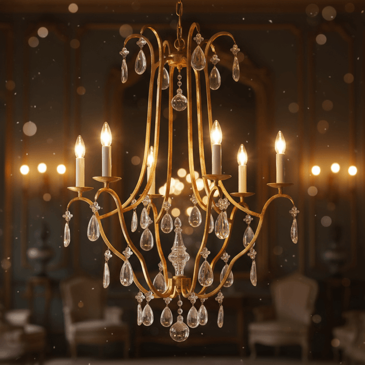 Italian Handcrafted Gold Leaf Chandelier with Crystal Drops