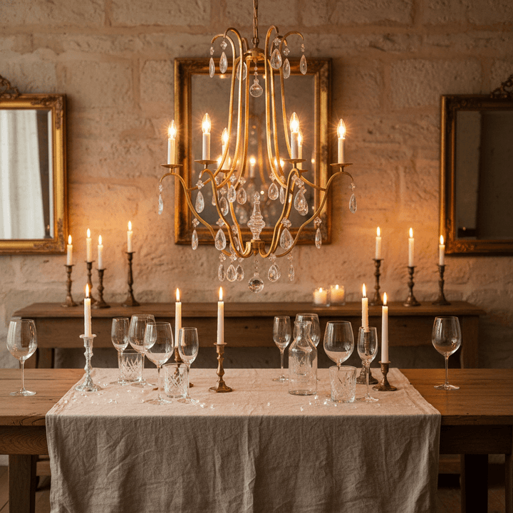 Italian Handcrafted Gold Leaf Chandelier with Crystal Drops