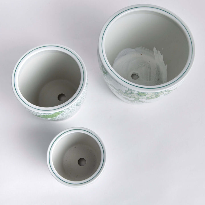 Green and white chinoiserie ceramic planters set of 3, showcasing elegant patterns and crafted design.