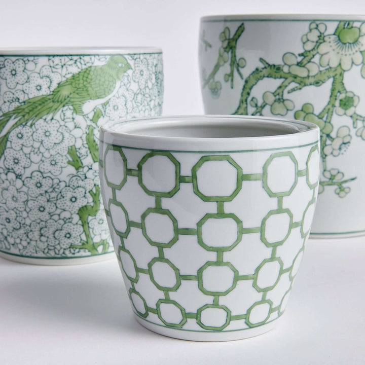 Set of 3 green and white chinoiserie ceramic planters showcasing elegant designs and timeless beauty.