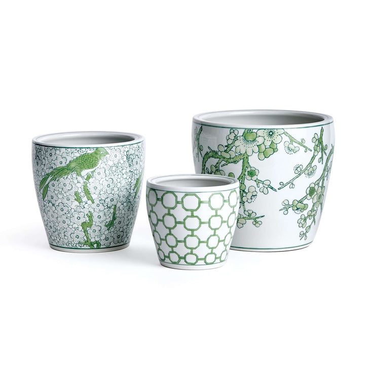 Set of 3 green and white chinoiserie ceramic planters featuring elegant patterns and classic designs.