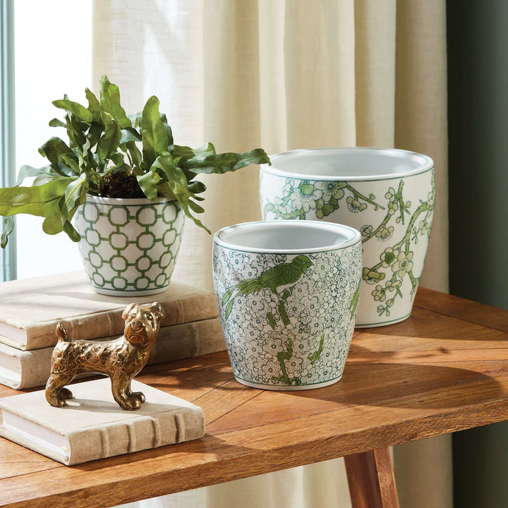 Set of 3 green and white chinoiserie ceramic planters enhancing home decor with timeless elegance.